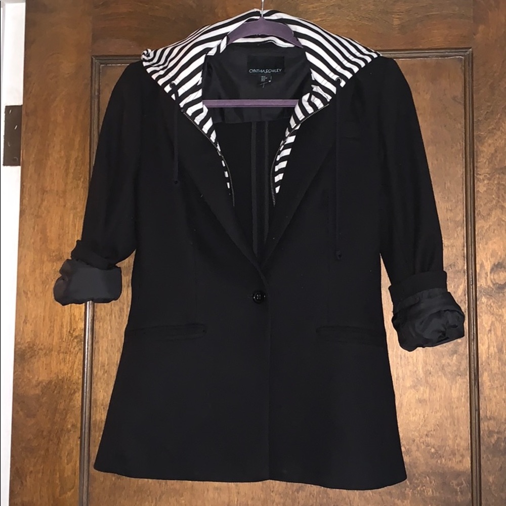 Black blazer with detachable stripped hoodie